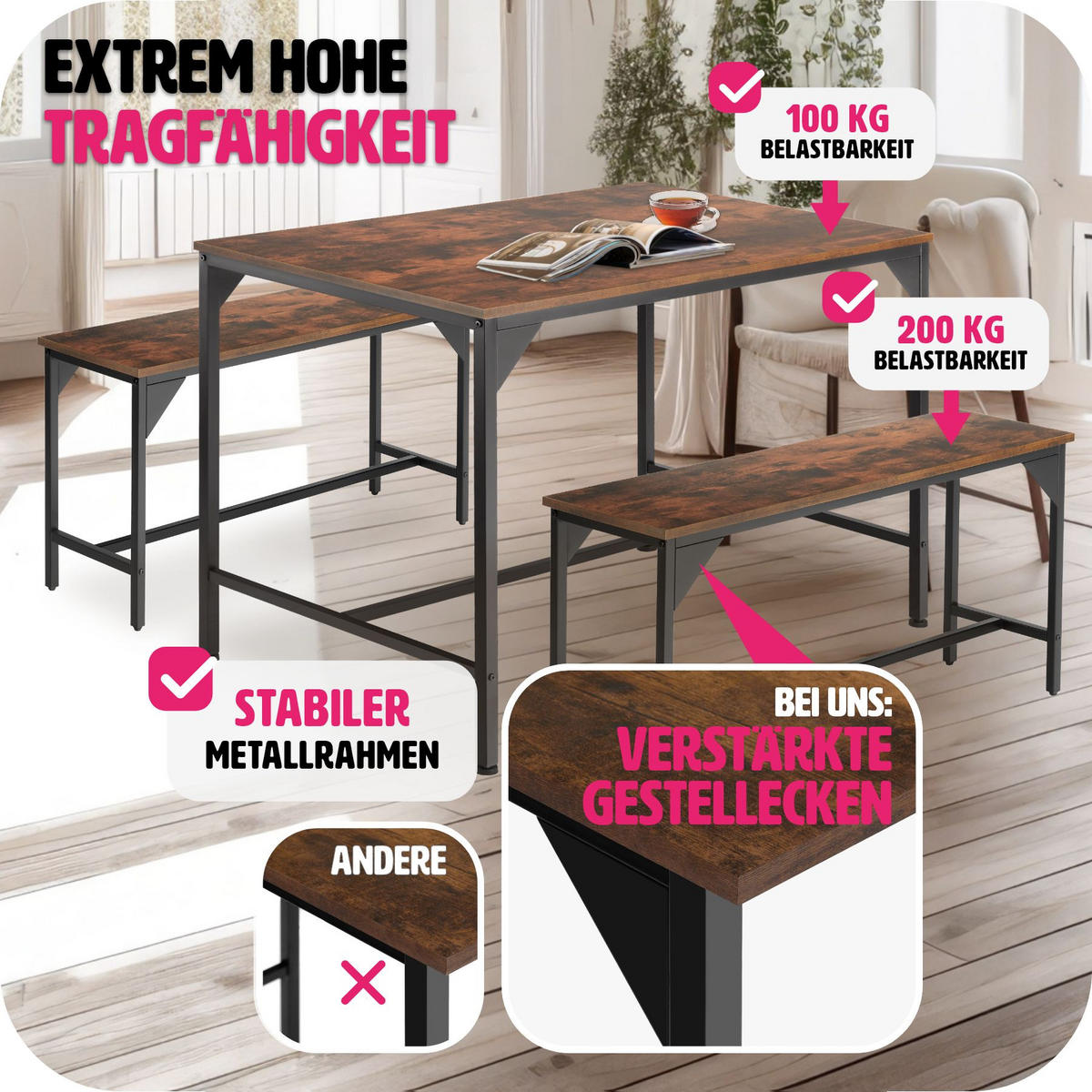 SITZGRUPPE Bolton,mit höhenverstellbaren Kunststofffüßen,Industrial Holz dunkel, rustikal - Rostfarben, Holz (130/75/100cm) - tectake