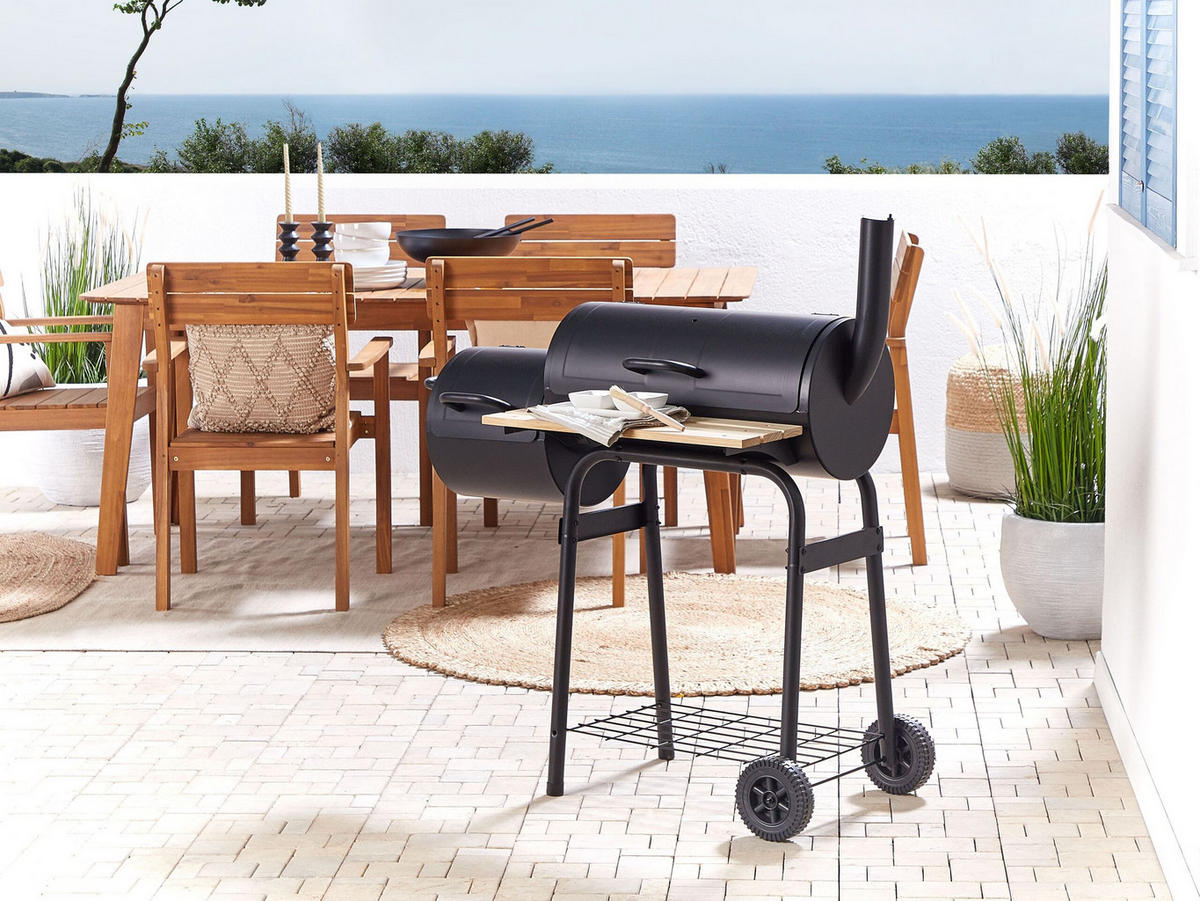HOLZKOHLEGRILL mit Räucherkammer schwarz rollbar Satah - Schwarz, Metall (110/115/51cm)