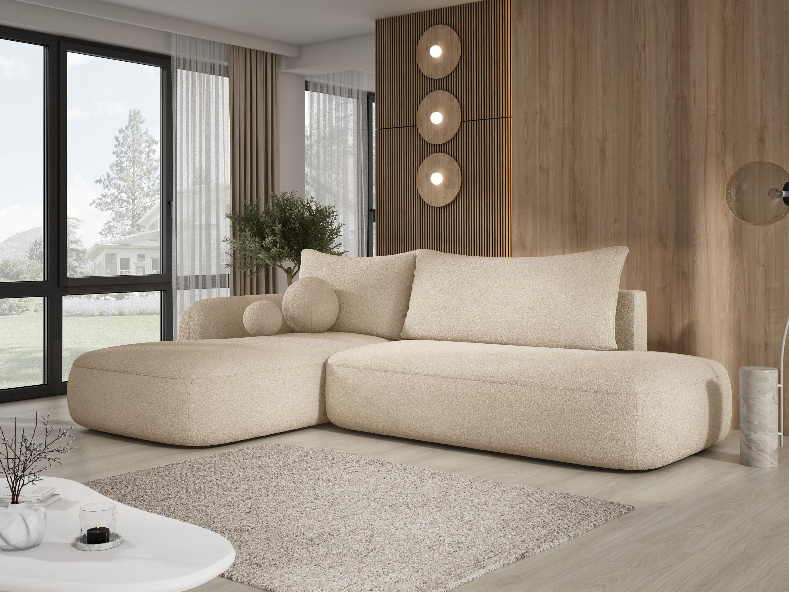 ECKSOFA BABU Mit Bettfunktion – Moderne Polsterecke Für Wohnzimmer Funktionales Schlafsofa Im Stoff NOW OR NEVER, 300x105x60cm, Linke, BEIGE - Sandfarben, Holz/Textil (190/300cm) - DomoHome