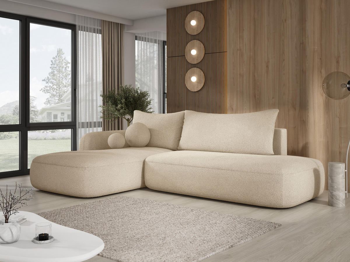 ECKSOFA BABU Mit Bettfunktion – Moderne Polsterecke Für Wohnzimmer Funktionales Schlafsofa Im Stoff NOW OR NEVER, 300x105x60cm, Linke, BEIGE - Sandfarben, Holz/Textil (190/300cm) - DomoHome