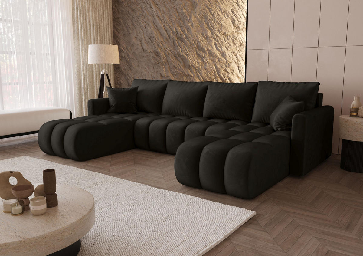 WOHNLANDSCHAFT GARDA U-Form schwarz Velours Monolith 97 - Schlaffunktion, Bettkasten - Schwarz, Textil (305/88/150cm) - Cornero