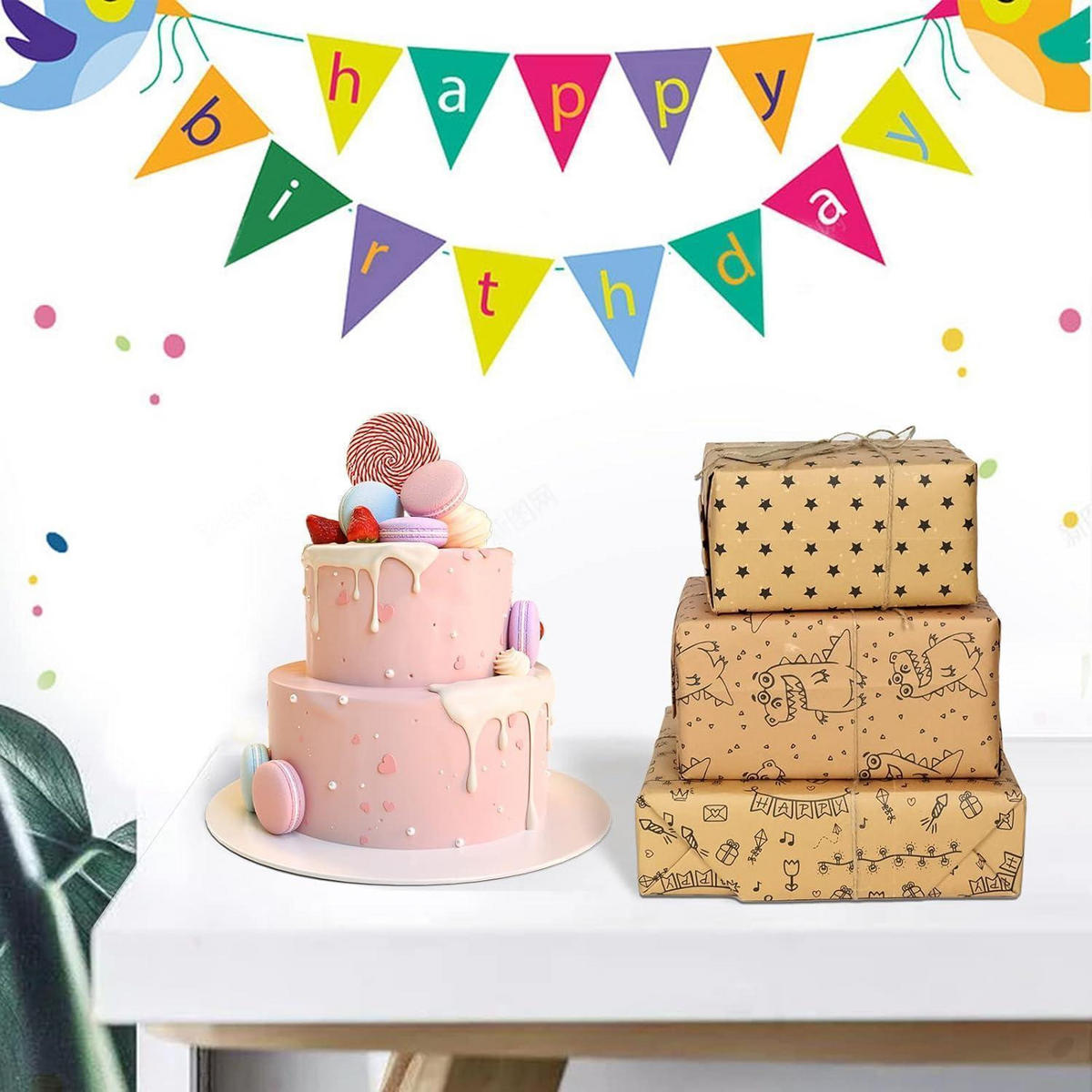GESCHENKPAPIER Set 5-teilig Kraftpapier mit Schnur und Anhängern - Multicolor, Papier (15/0.6/19cm)