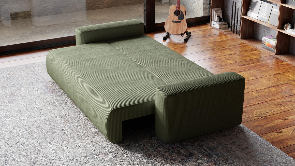 SOFA Bubi mit Bettkasten und Schlaffunktion, Cordstoff - Salbeigrün, Holzwerkstoff (242/85/95cm)