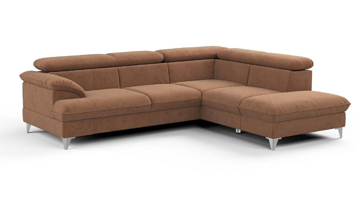 ECKSOFA mit Schlaffunktion und Bettkasten, verstellbare Kopfstützen - Chromfarben/Braun, Textil/Metall (208/256cm) - Cotta