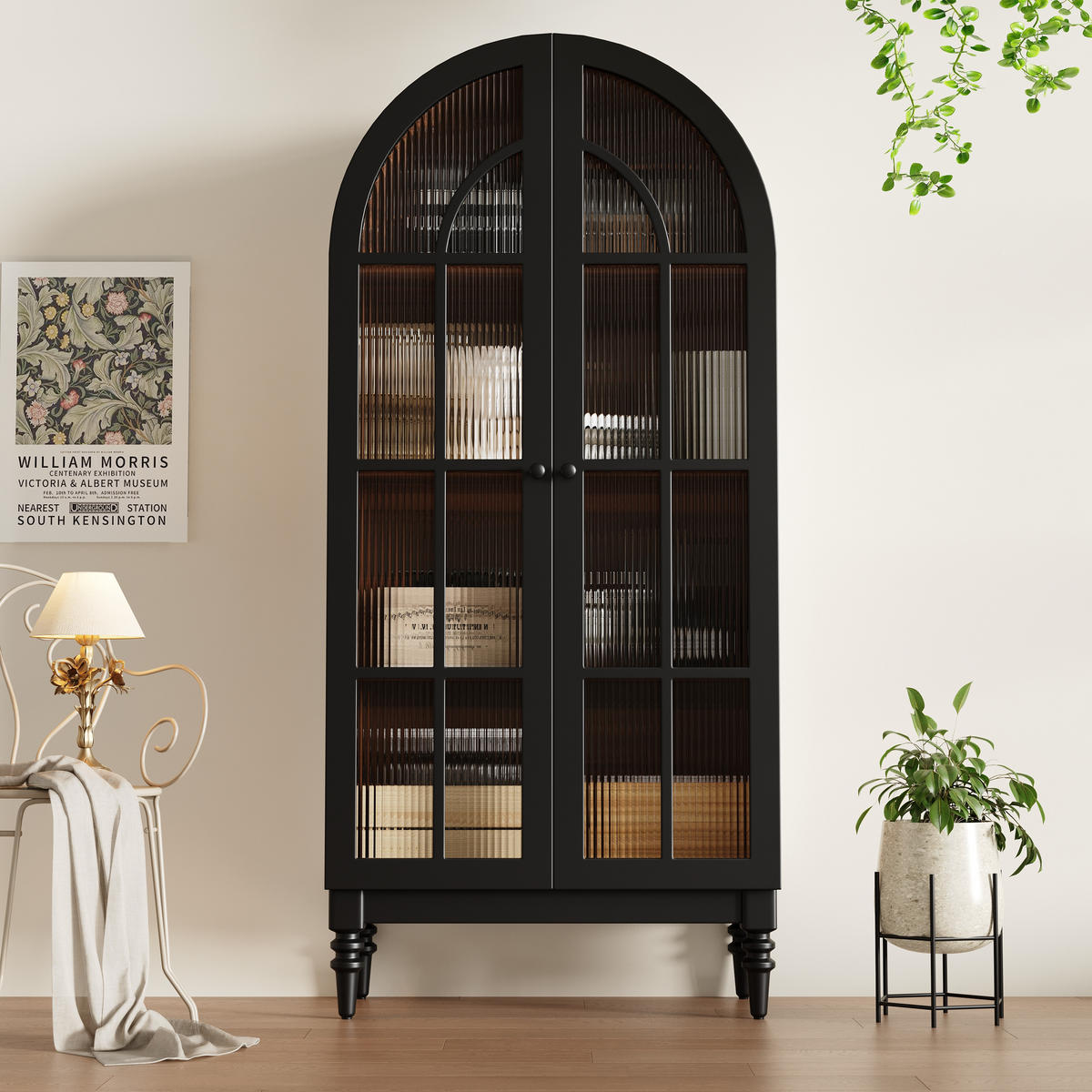 HOCHSCHRANK VITRINE Glastür Holzmaserung Bogen - Schwarz, Holzwerkstoff (76/165/35.5cm) - FLIEKS