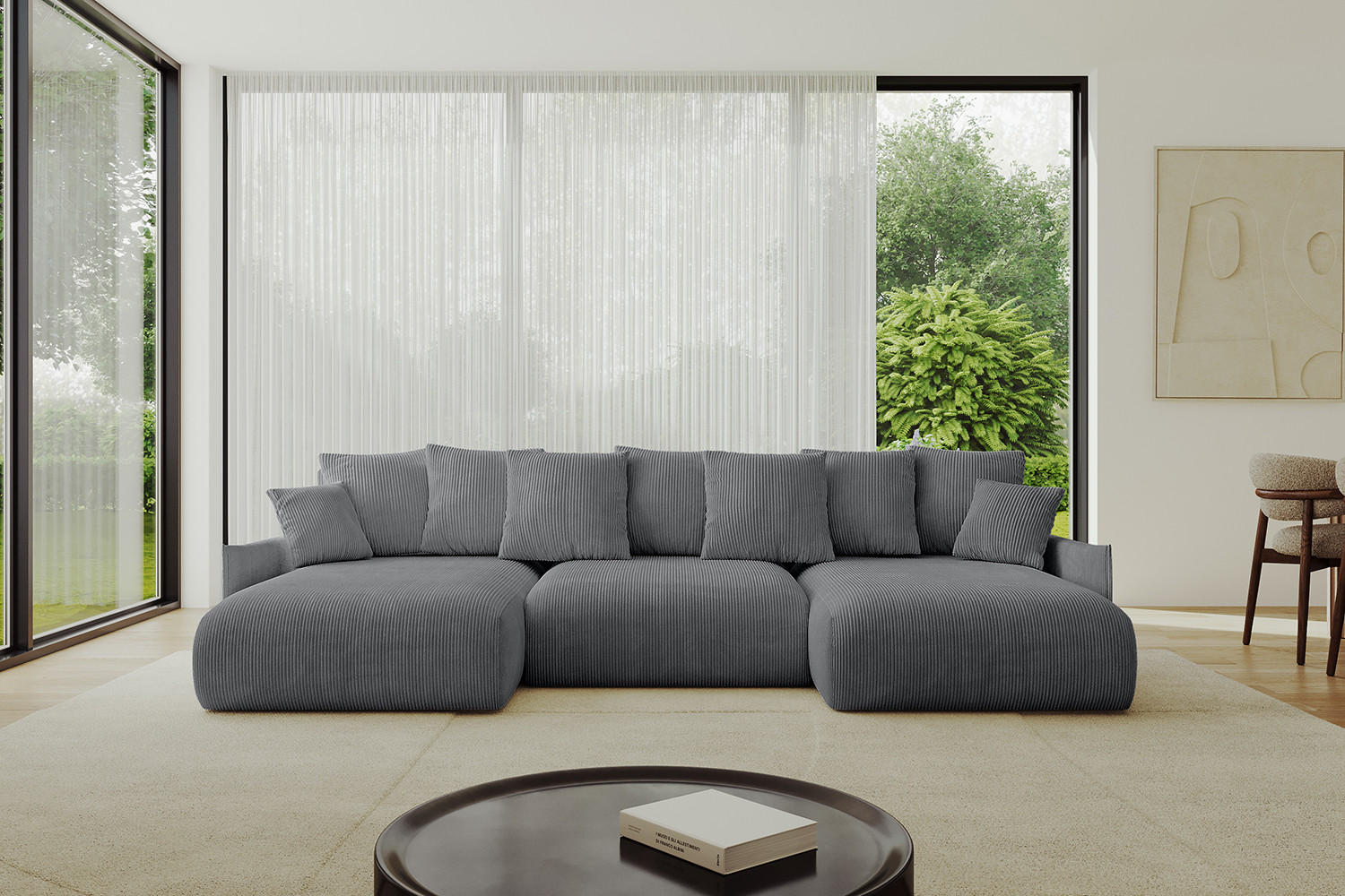 WOHNLANDSCHAFT mit Schlaffunktion und Bettkasten ONESK-U-v1 304x165x40 Dunkelgrau Cord - Dunkelgrau, Holzwerkstoff/Kunststoff (304/90/165cm) - ALTDECOR