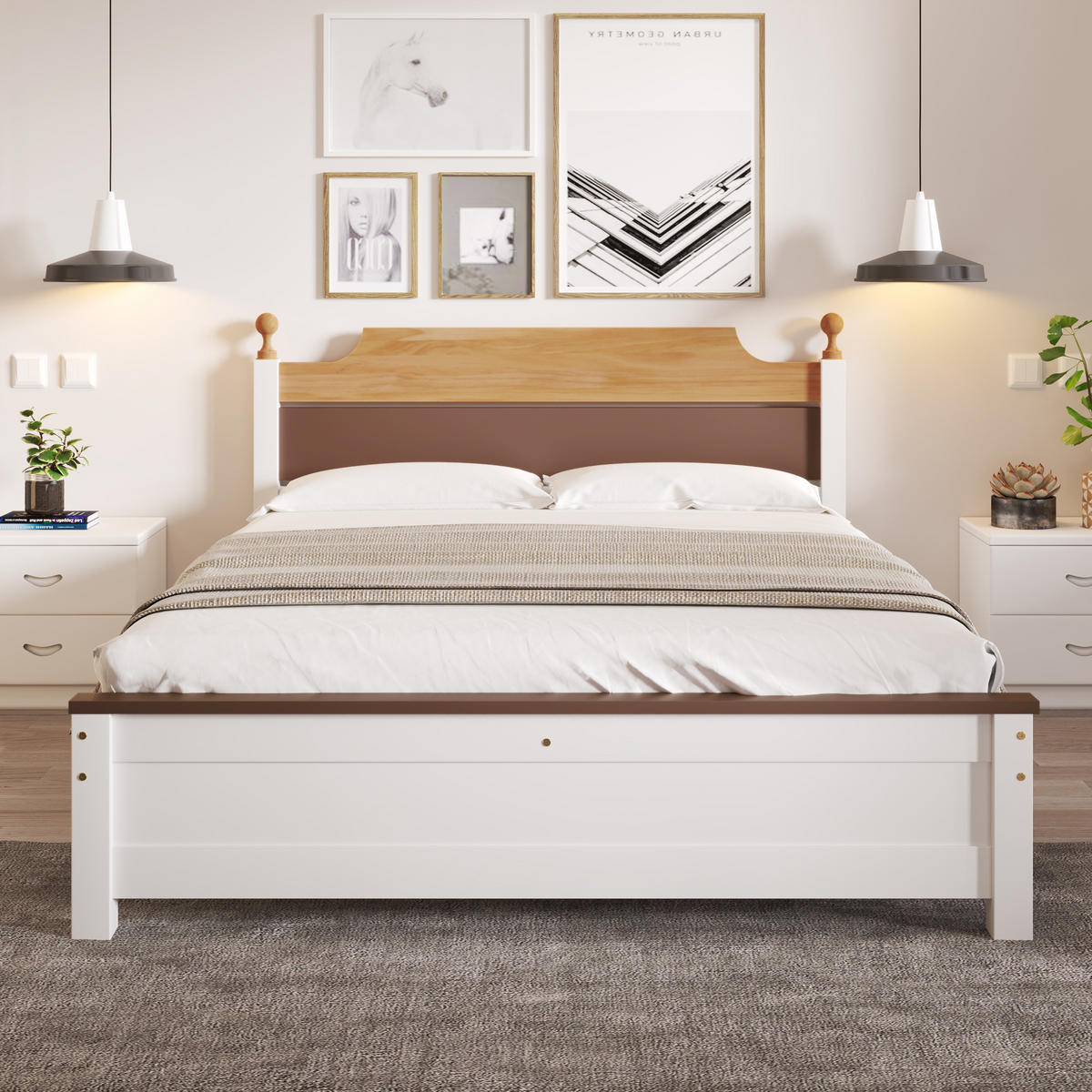 BETT 140/200 cm Weiß Kiefernholzrahmen mit Kopfteil aus MDF - Weiß, Holzwerkstoff (140/200cm) - OKWISH