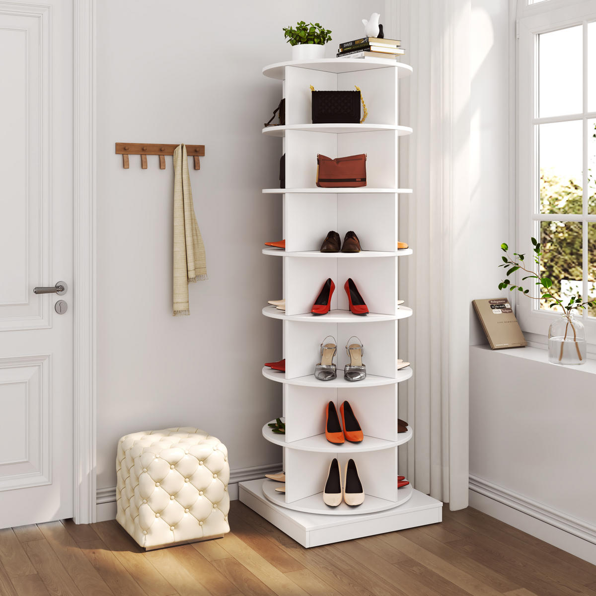 SCHUHSCHRANK aus MDF & Spanplatte in Weiß mit 360° Drehfunktion - Weiß, Holzwerkstoff (60.96/165/60.96cm) - Modfu