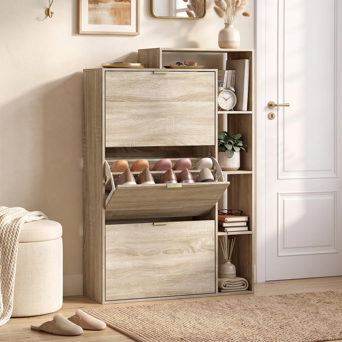 SCHUHSCHRANK MDF Naturholz - Goldfarben/Naturfarben, Holzwerkstoff/Metall (25/123.8/80cm) - HOMCOM