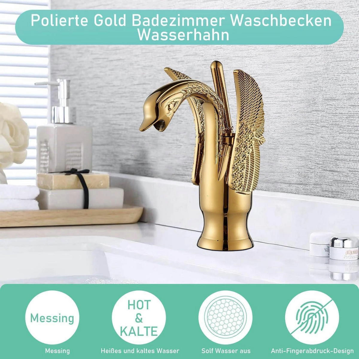 WASCHTISCHARMATUR Schwanen-Design Gold - Goldfarben, Metall (5.8/11/19cm)