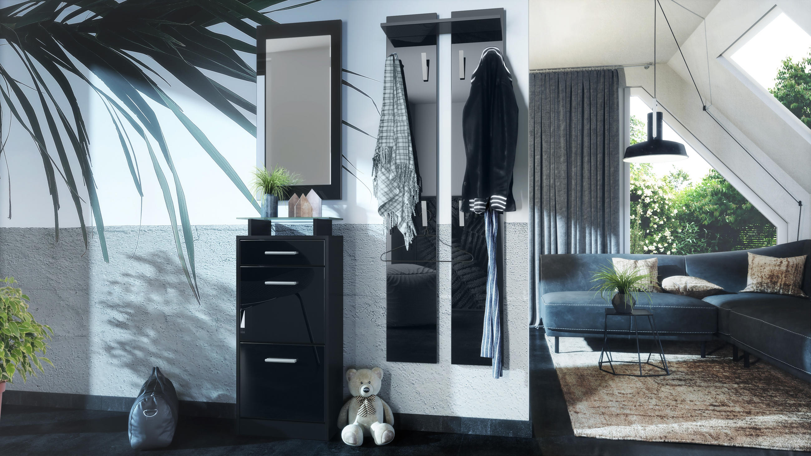 GARDEROBE Loret Front in Schwarz Hochglanz - Schwarz Hochglanz, Holzwerkstoff (140/200/23cm) - Vladon