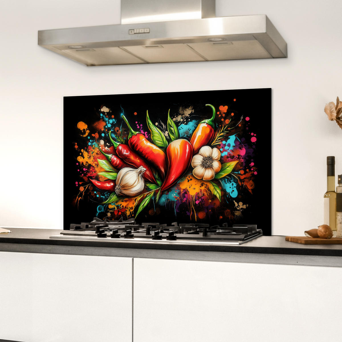 SPRITZSCHUTZ KÜCHE Gemüse - Paprika - Knoblauch - Graffiti - Farbe - Bunt 60x40 cm - Rot, Metall (60/0.3/40cm) - MuchoWow