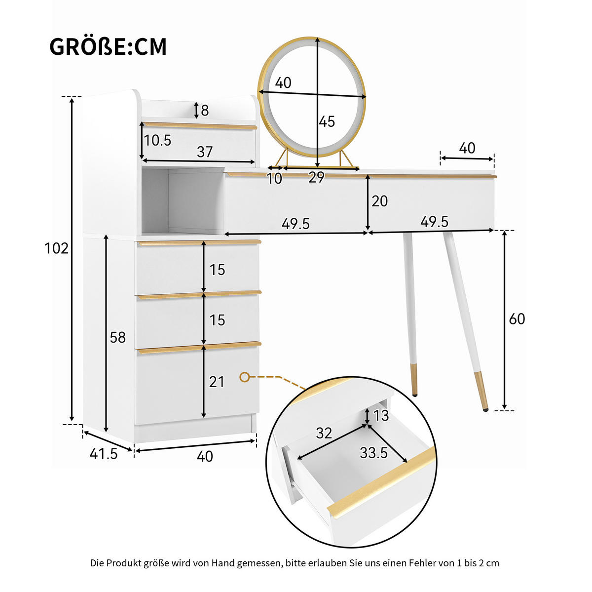 SCHMINKTISCH 41,5/100/102 cm mit ausziehbarer Tischplatte, LED-Spiegel und 6 Schubladen, Weiß - Weiß, Holzwerkstoff (100/102/41.5cm) - Redom