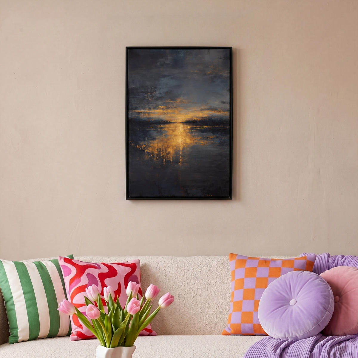LEINWAND Bilder mit Rahmen - Goldene Reflexion auf dem Wasser - 40x60 - Anthrazit, Textil (40/60cm) - MuchoWow