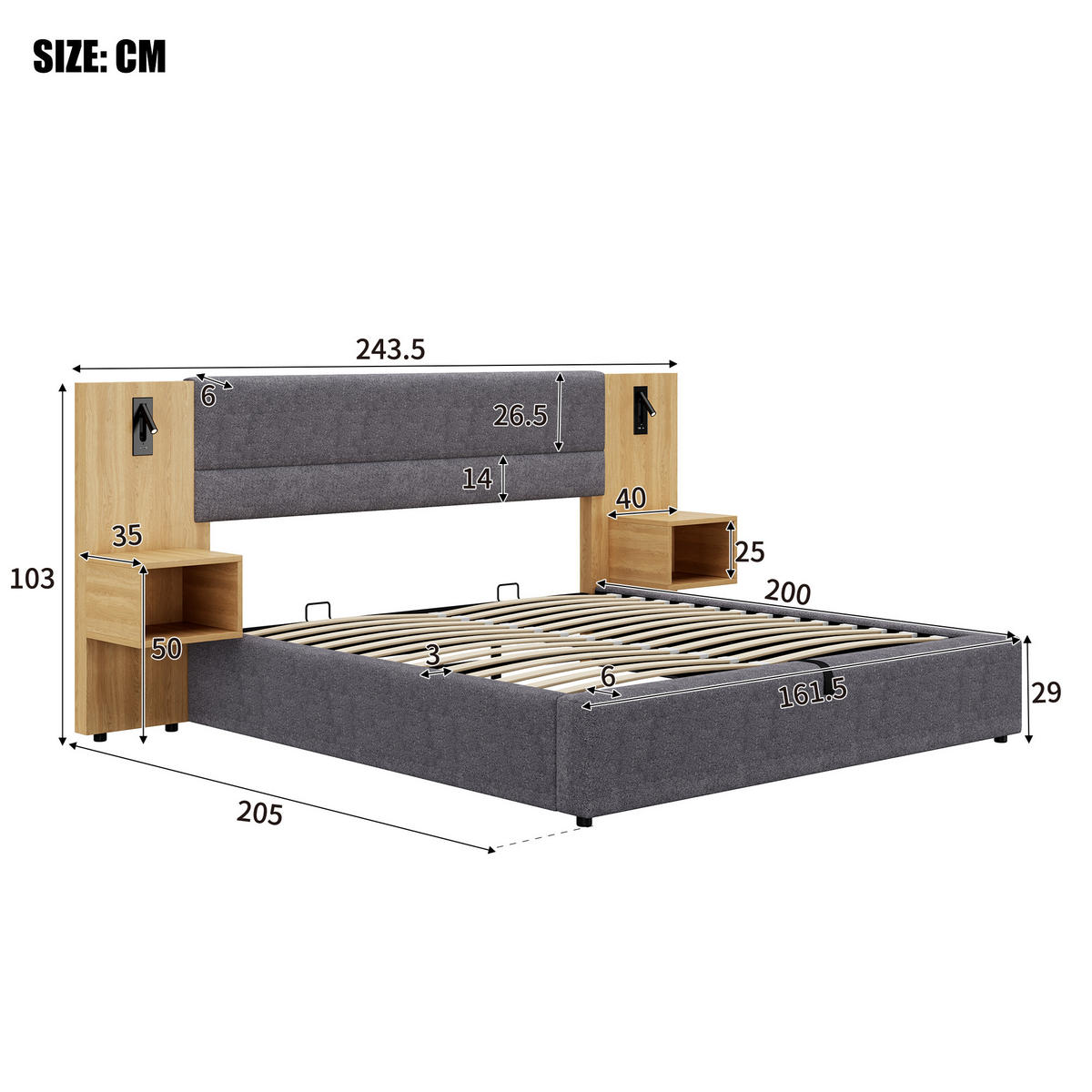POLSTERBETT 160x200 Hydraulik LED USB Stauraum Samt Grau Natur - Naturfarben, Textil (160/200cm) - FLIEKS