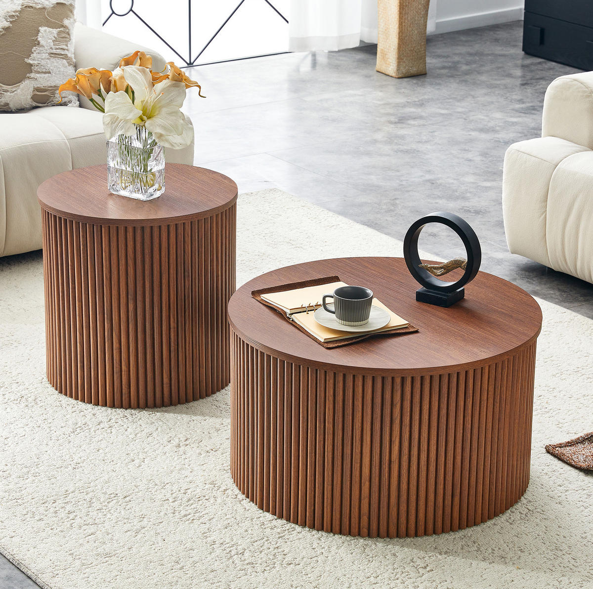 COUCHTISCH-SET 2-teilig in Walnussoptik mit Stauraum und Säulendesign,65/65/40 cm - Walnussfarben, Holzwerkstoff (65/65/40cm) - BEAOK