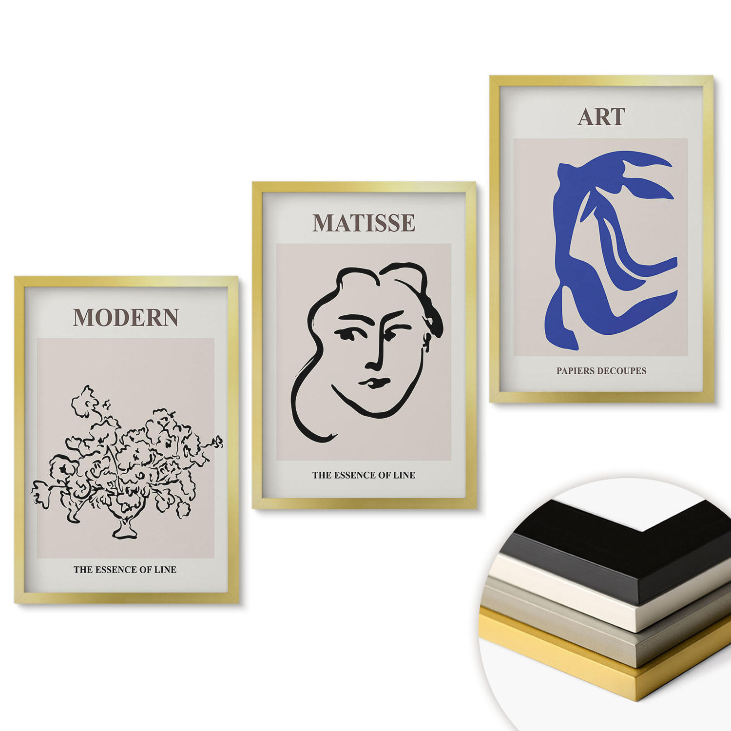 WANDBILDER 3er Set - 40x60 cm Goldrahmen - Abstrakte minimalistische Poster - Goldfarben, Kunststoff (40/60cm) - ArtPrintCave