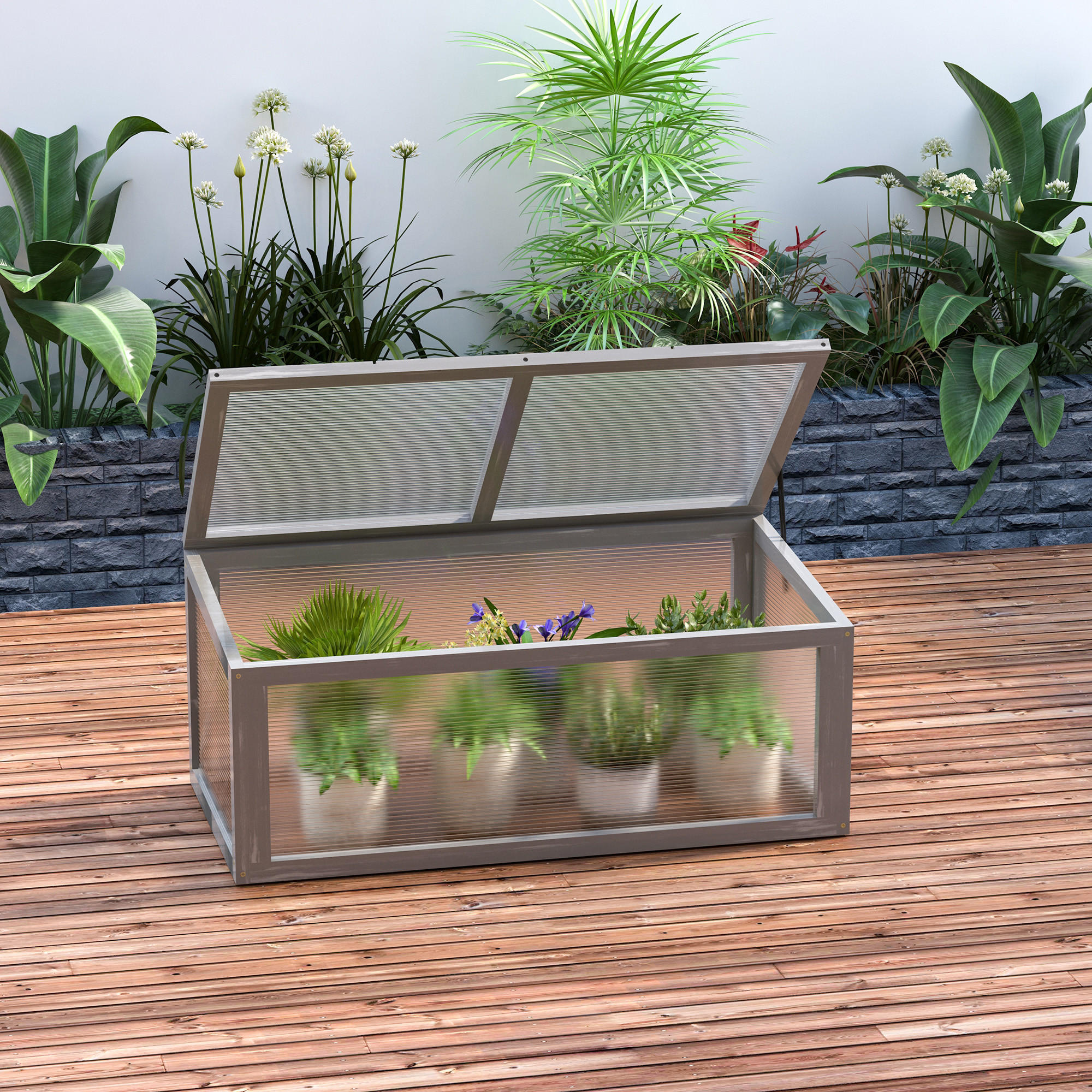 FRÜHBEET Gewächshaus mit Abdeckung, wetterfest, aus Holz und Polycarbonat, Grau - Grau, Holz/Kunststoff (46/40/90cm) - Outsunny