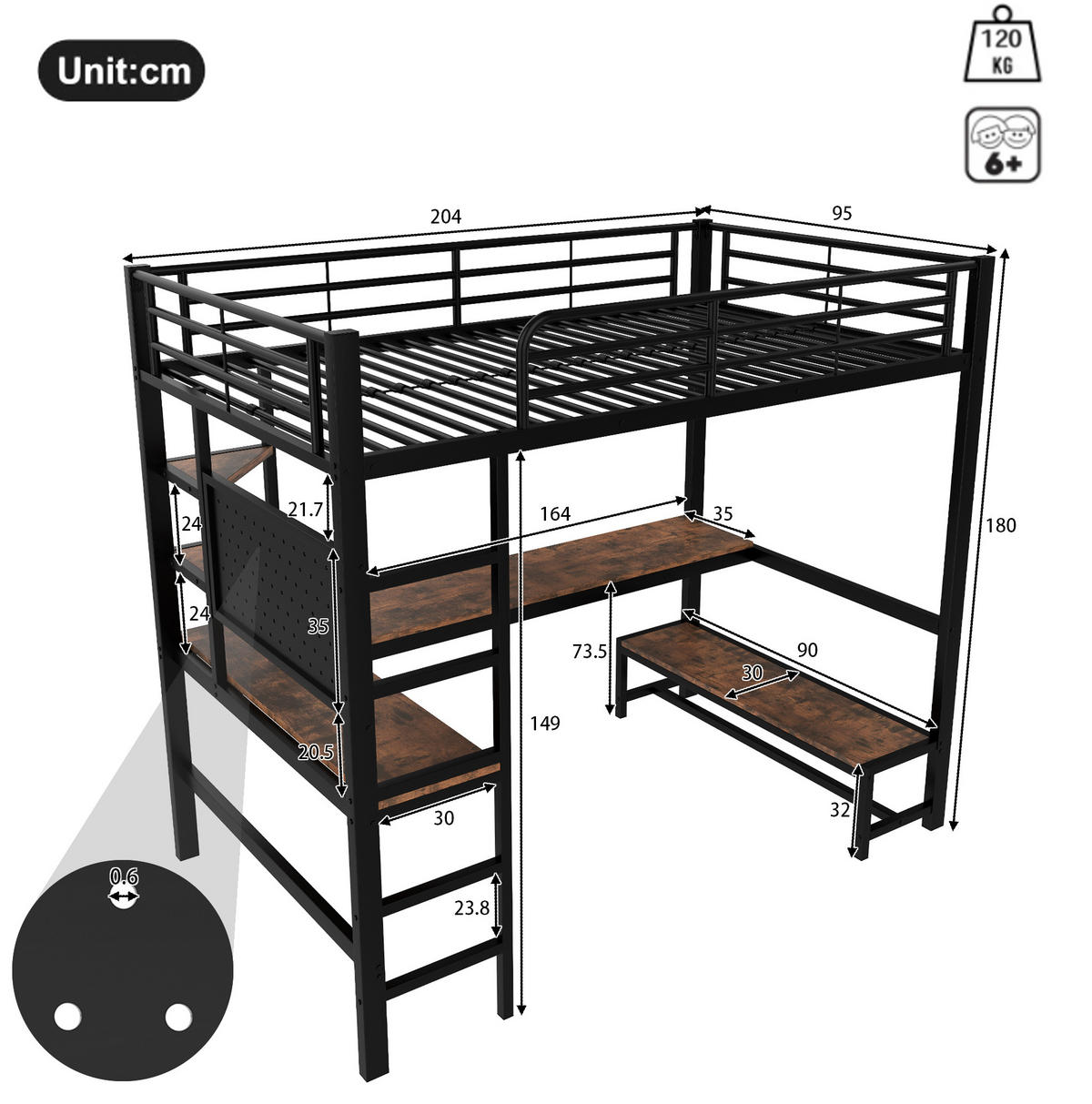 HOCHBETT 90/200 cm aus Metall mit Schreibtisch und LED-Leiste Schwarz - Schwarz, Metall (90/200cm) - Modenvie
