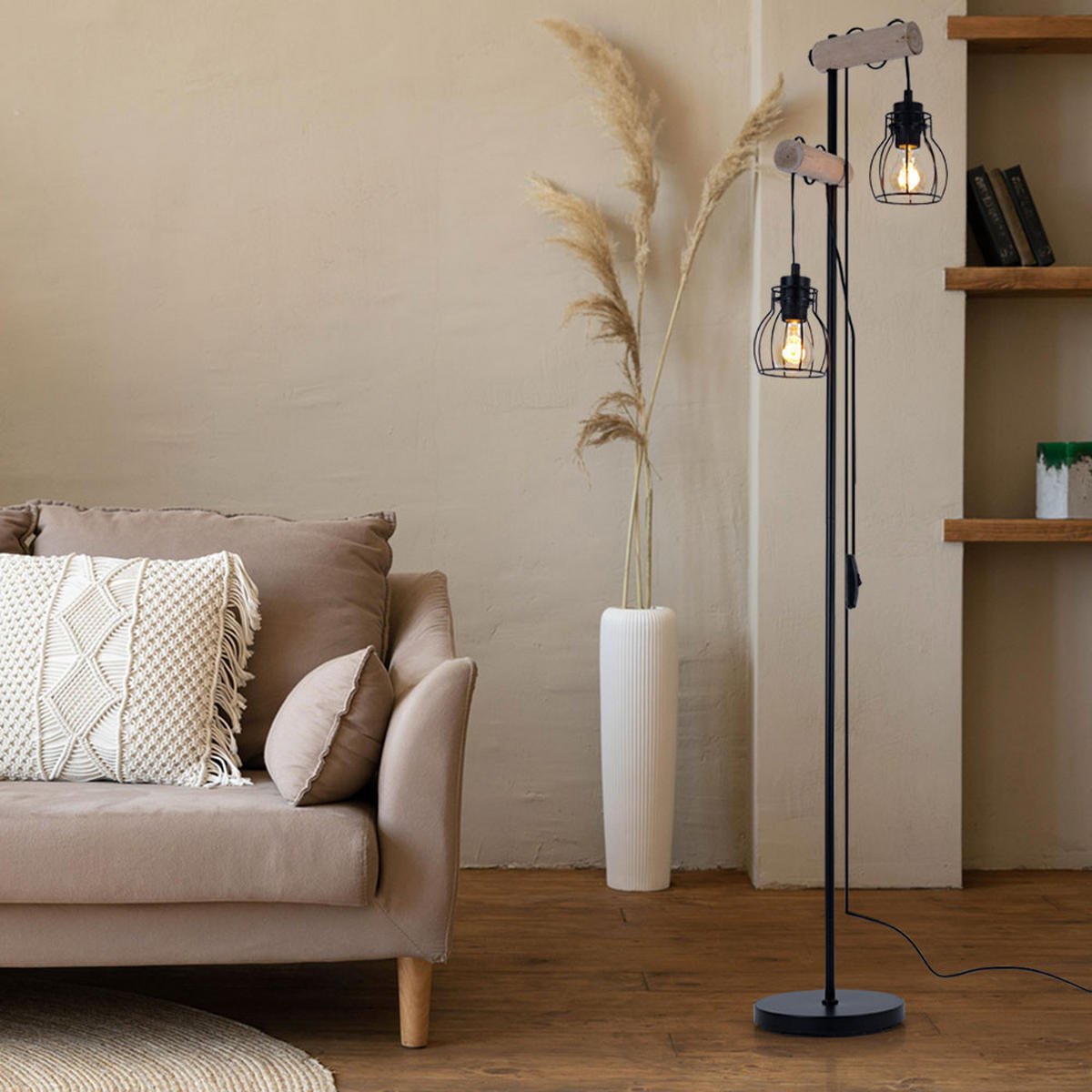 LED STEHLEUCHTE Metall Schwarz höhenverstellbar - Schwarz, Holz (38.5/23/150cm) - Globo Lighting