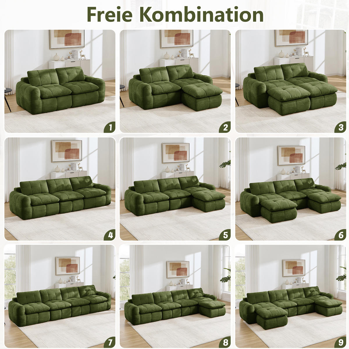 SOFA 334/97/68 cm in Grün aus Chenille, montagefrei und flexibel - Grün, Textil (97/68/334cm) - Flora Grace