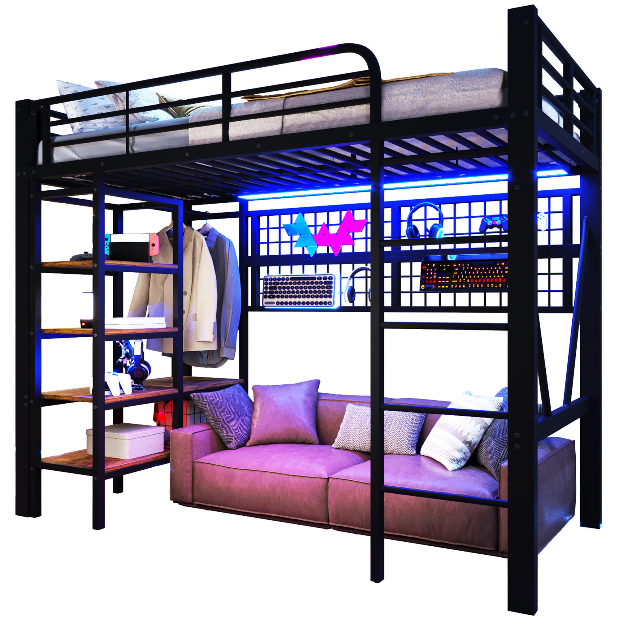 HOCHBETT 90/200 cm schwarz aus Metall mit App-steuerbarer LED-Leiste und Kleiderstange - Schwarz, Metall (90/200cm) - OKWISH