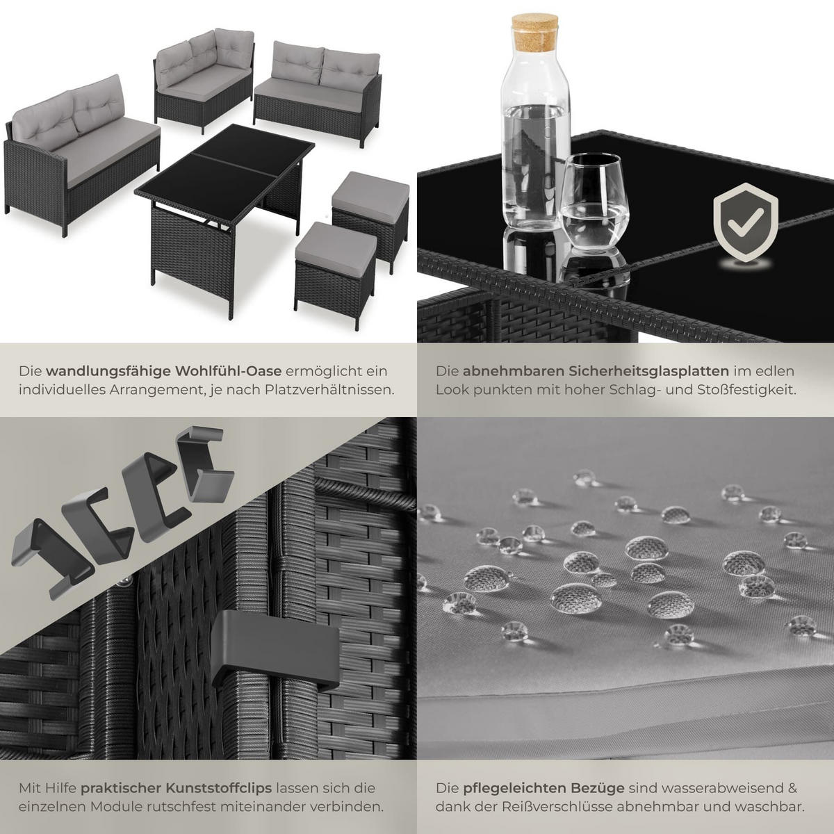 RATTANLOUNGE Barletta, mit Sicherheitsglasplatten, schwarz/grau - Schwarz/Grau, Kunststoff - tectake