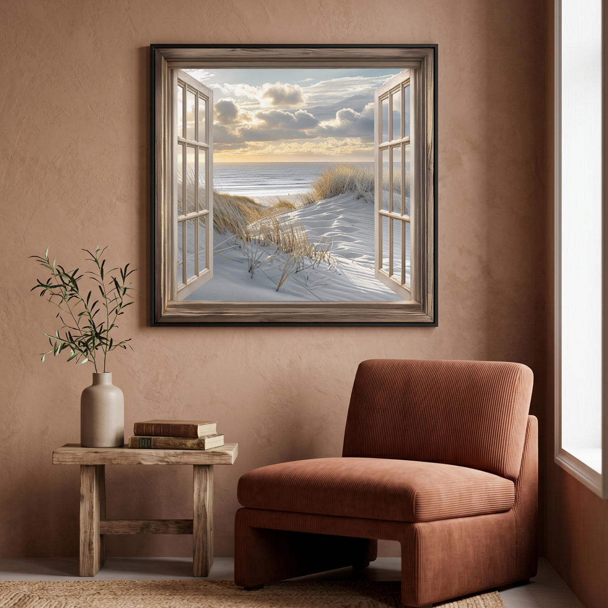 LEINWAND Bilder mit Rahmen - Ausblick - Strand - Dünen - Meer - Natur - 90x90 - Sandfarben, Textil (90/90cm) - MuchoWow