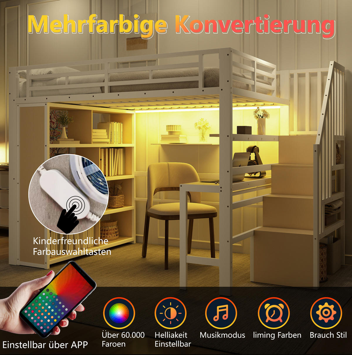 HOCHBETT 140/200 cm in Weiß mit Schreibtisch, Stauraumtreppe und LED-Beleuchtung - Weiß, Metall (140/200cm) - Flora Grace