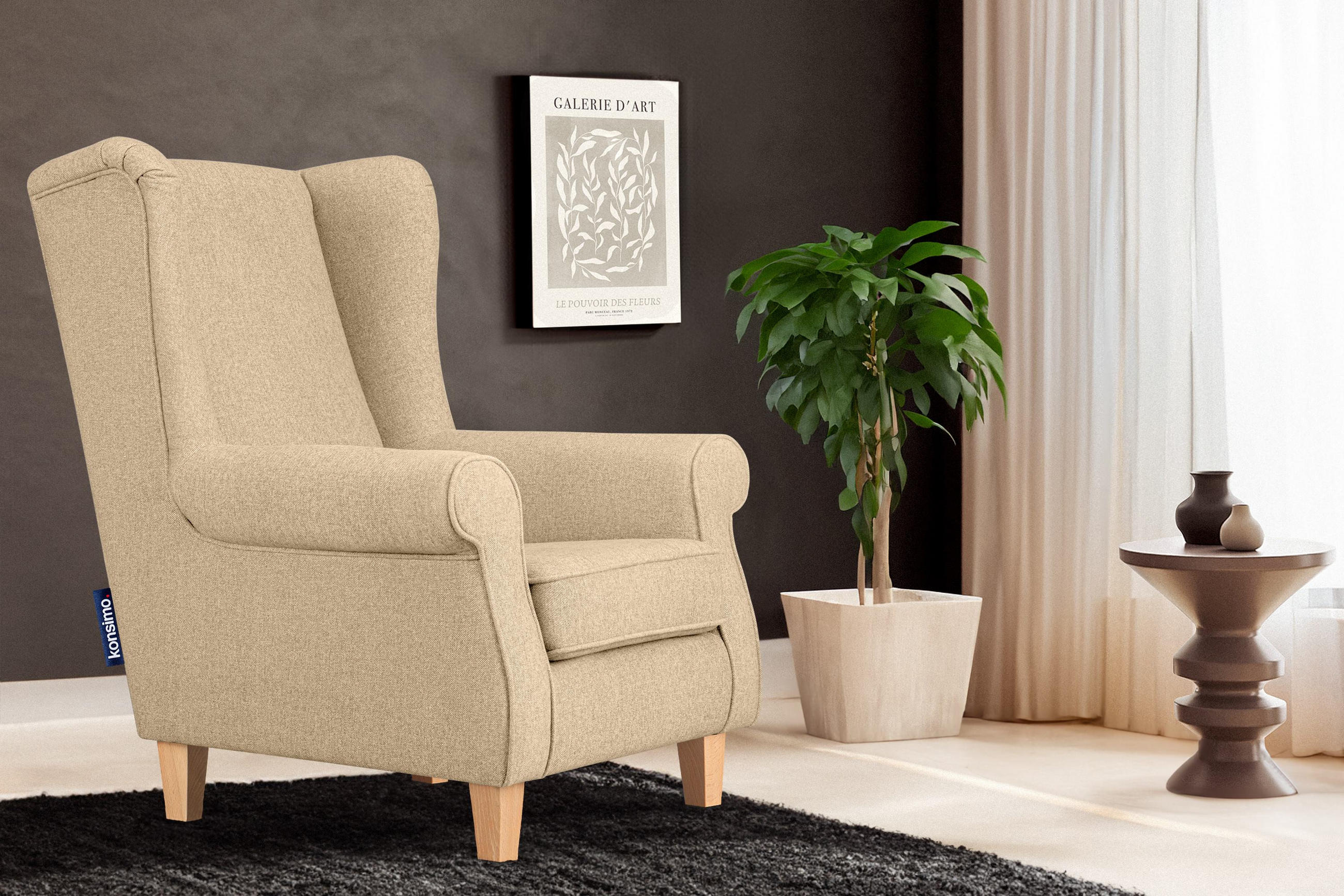 OHRENSESSEL MILES Massivholzbeine buche, creme - Creme, Holzwerkstoff/Buchenholz (82/105/97cm) - KONSIMO®