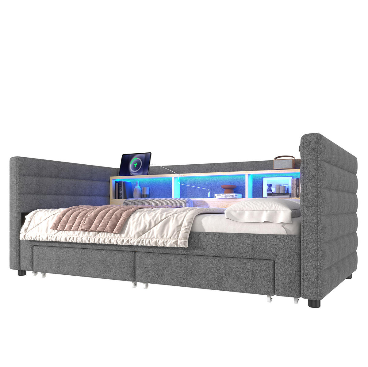 ČALÚNENÁ posteľ 90/190 cm s výsuvnou konštrukciou, LED osvetlením, USB a Typ-C portmi, dvoma zásuvkami, Sivá - sivá, textil (90/190cm) - Redom
