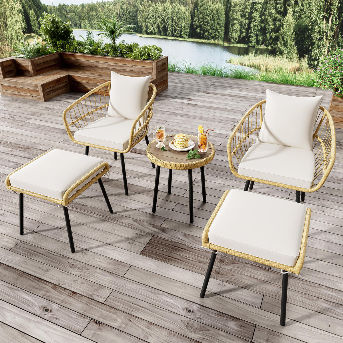 GARTENMÖBELSET 5tlg Rattan Tisch Stühle Hocker Natur - Multicolor, Textil - FLIEKS