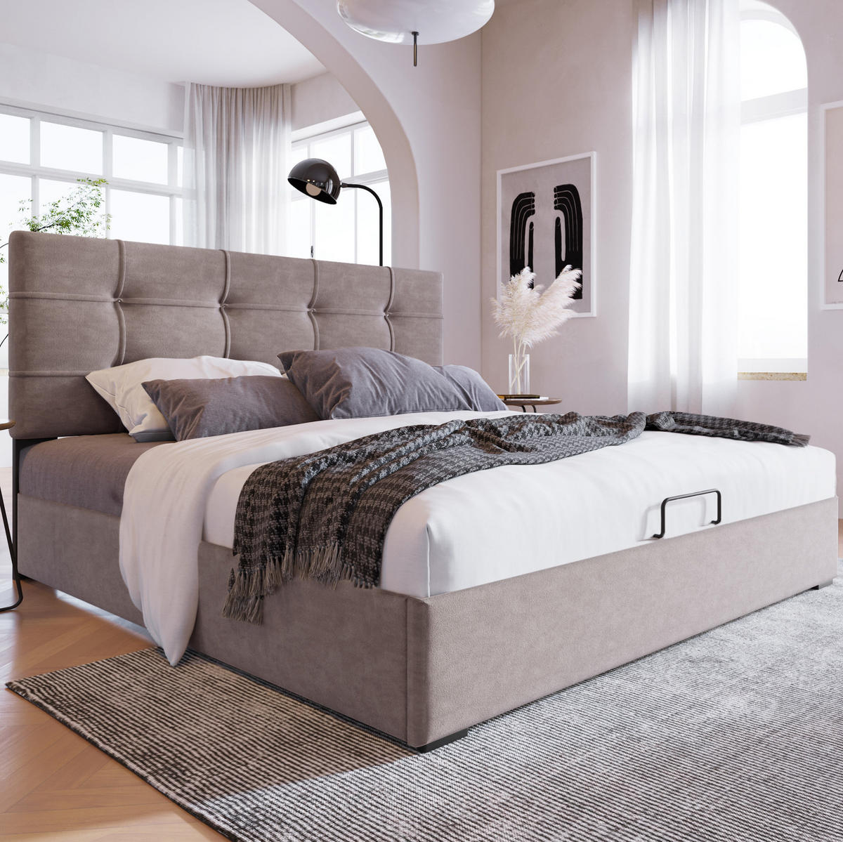BETT mit Bettkasten 140x200 cm Samt Light Grey - Hellgrau, Metall (140/200cm) - Meubliv