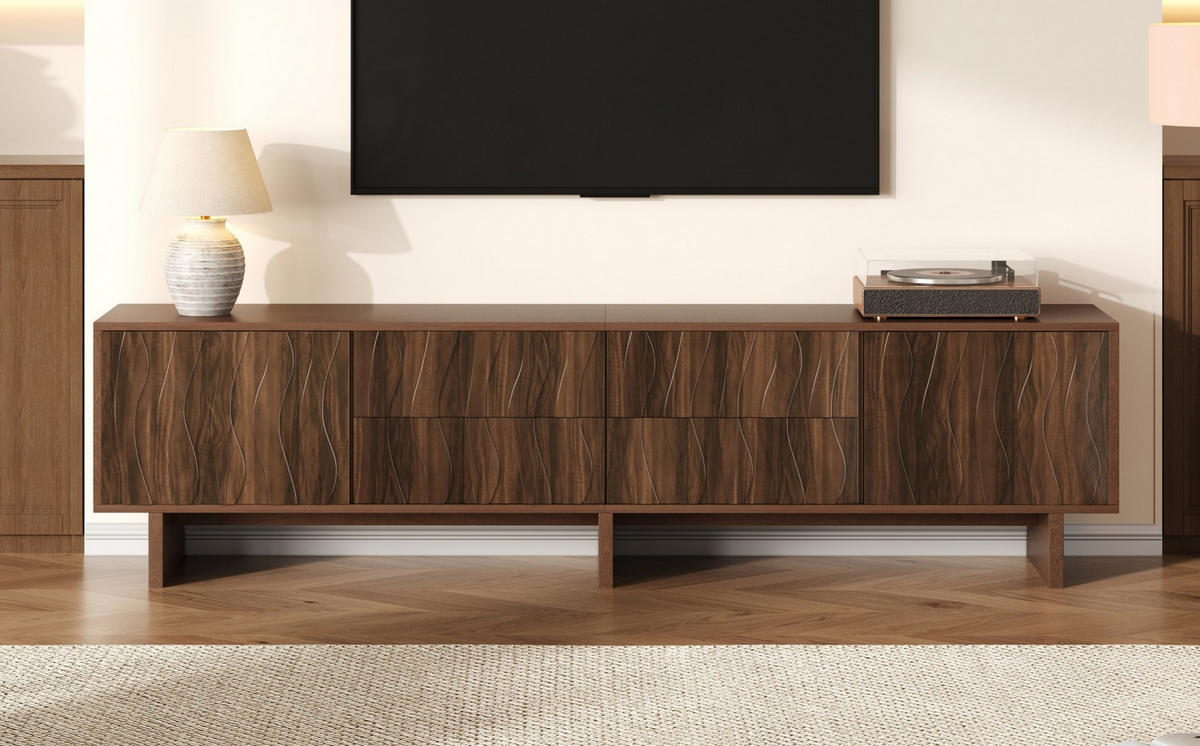 TV-LOWBOARD 180/40/56 cm mit 4 Schubladen und 2 Türen in Wellenoptik aus Spanplatte, Walnuss - Braun, Holzwerkstoff (180/56/40cm) - Redom