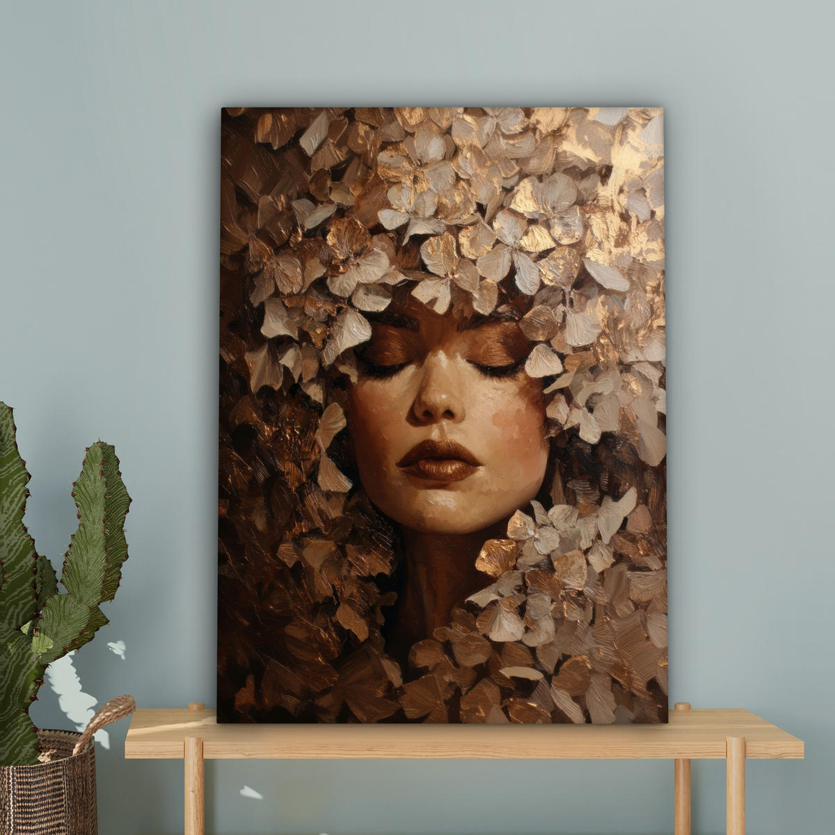 LEINWANDBILD Gesicht - Dame - Blätter - Pinselstriche Wandbild Wohnzimmer 60x80 cm - Goldfarben, Textil (60/80cm) - MuchoWow