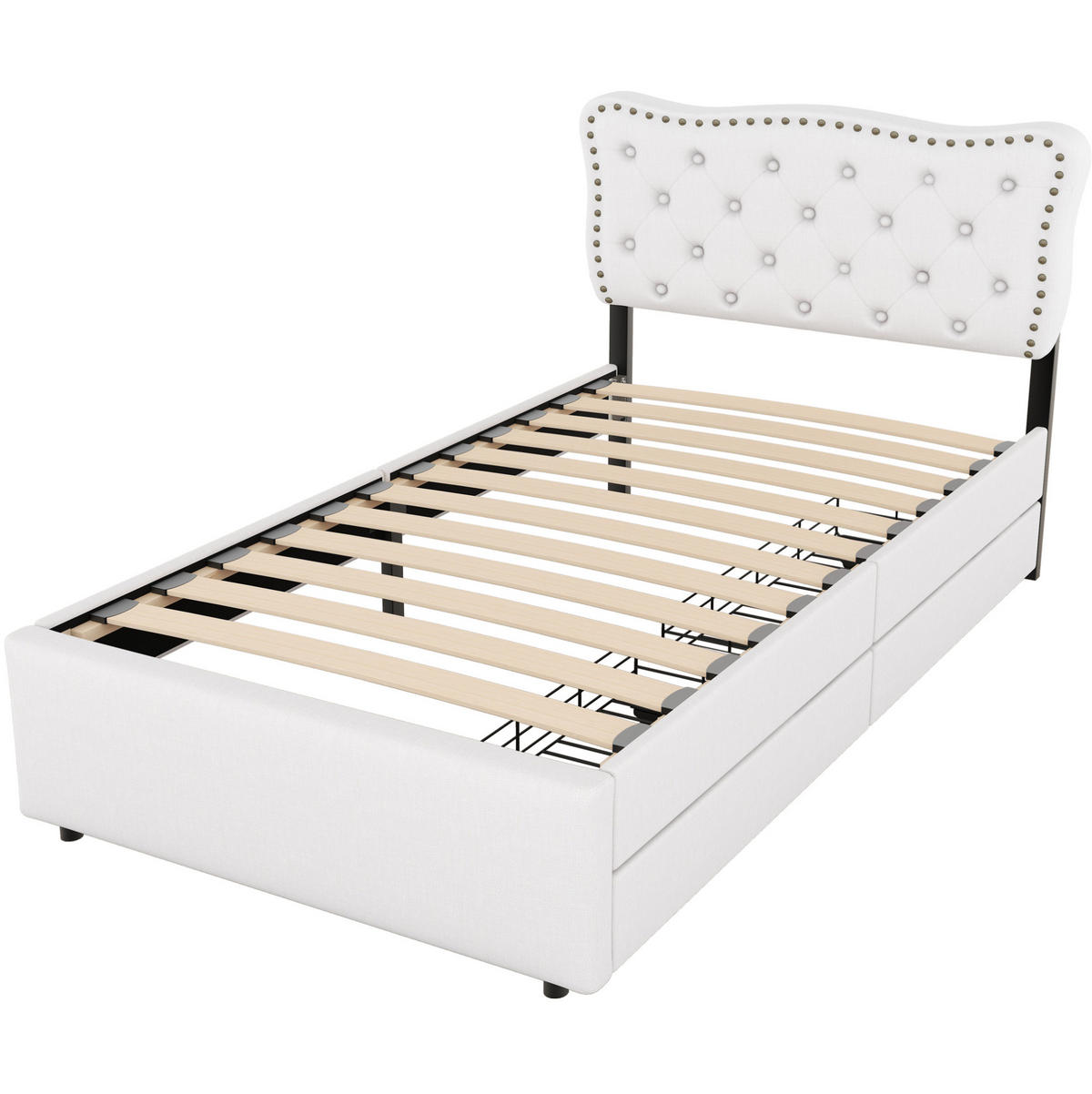 ČALOUNĚNÁ postel 90/200 cm světle béžová z MDF a lnu se 2 zásuvkami a nastavitelným čelem - bílá, textil (90/200cm) - OKWISH