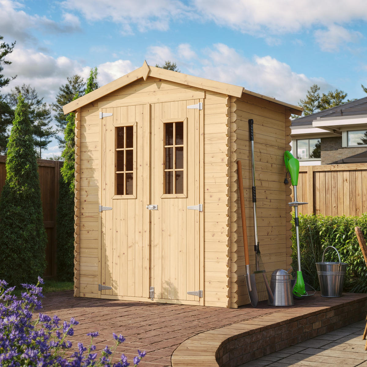 GARTENHAUS aus Holz - mit imprägniertem Boden B196xL136xH218 cm/ 1.98 m2 - M367C+M367G - Beige, Holz (180/224/136cm) - Timbela