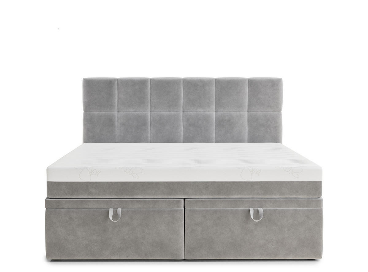 BOXBETT 200/200 cm Gotu M, in Hellgrau, Matratze, gepolstertes Kopfteil, Bettkasten, H3 = fest - Hellgrau/Schwarz, Holz/Holzwerkstoff (200/200cm) - Maison de Reve