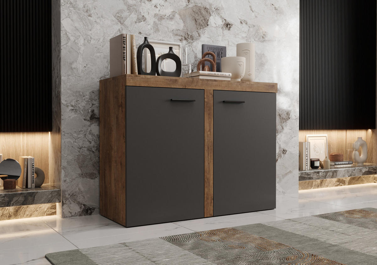 KOMMODE London LRXK 2D mit 2 Türen, Sideboard in Farbe: Dunkelgrau|Braun, Größe: 97 x 82 x 40 cm - Dunkelgrau/Braun, Holzwerkstoff (97/82/40cm) - O-Sofa