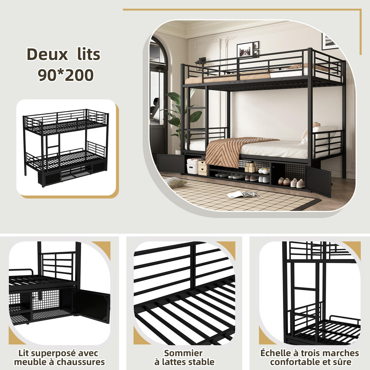 ETAGENBETT 90x200 cm Schrank schwarz - Schwarz, Metall (90/200cm) - Fortuna Lai
