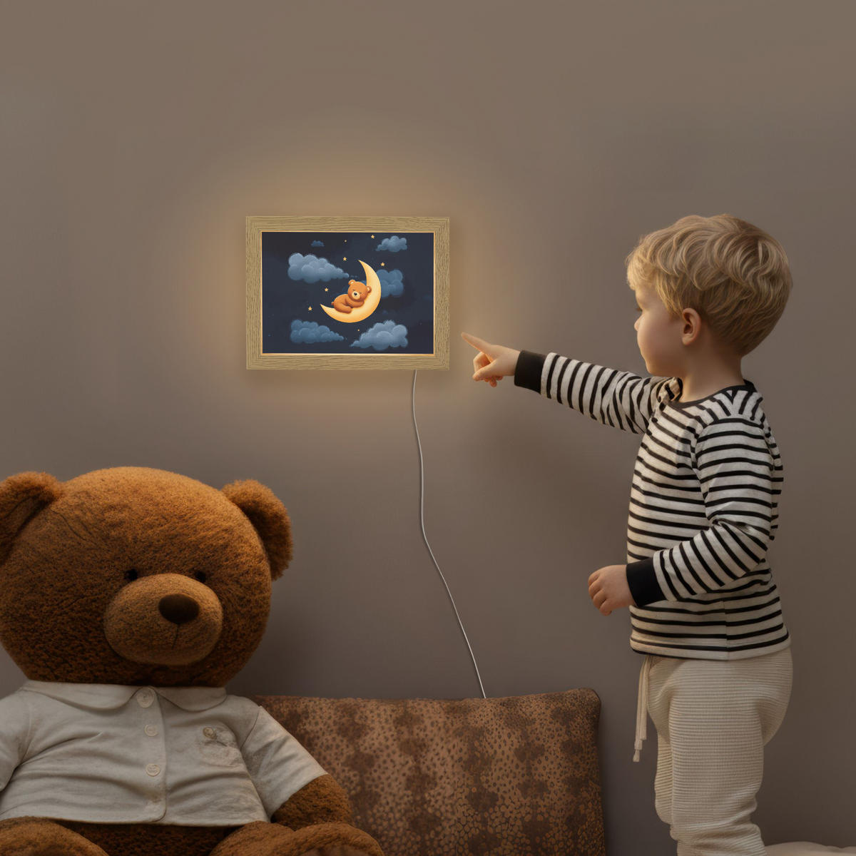 NACHTTISCHLAMPE Teddybär - Mond - Wolken - Sterne 20x15 cm - Dunkelblau, Holzwerkstoff (8/20/15cm)