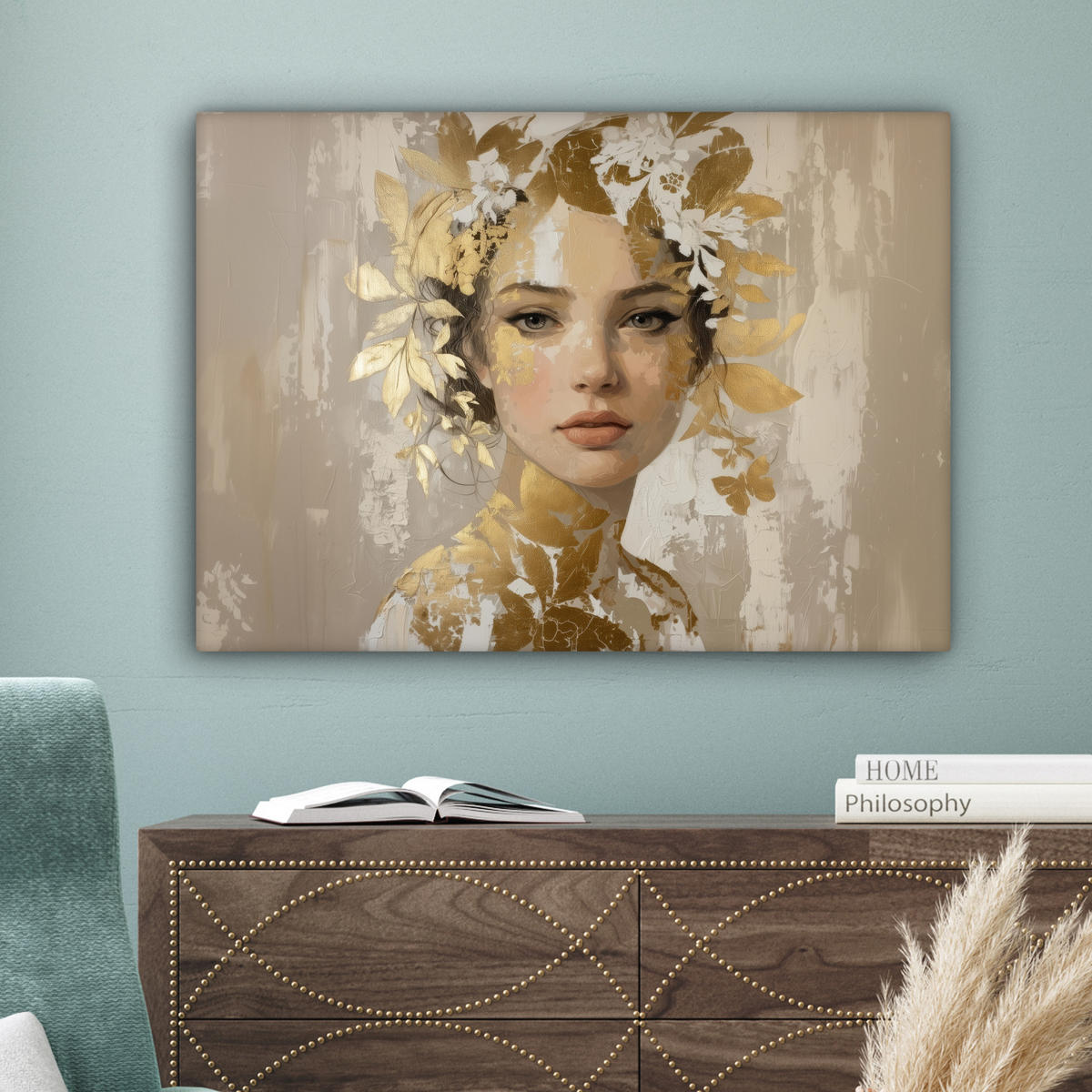 LEINWANDBILD Gesicht - Frau - Blätter - Gold Wandbilder 80x60 cm - Beige, Textil (80/60cm) - MuchoWow