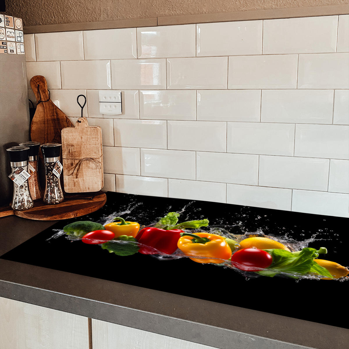 HERDABDECKPLATTE Paprika - Wasser - Gemüse - Schwarz 90x52 cm - Multicolor, Kunststoff (90/52/0.2cm) - MuchoWow