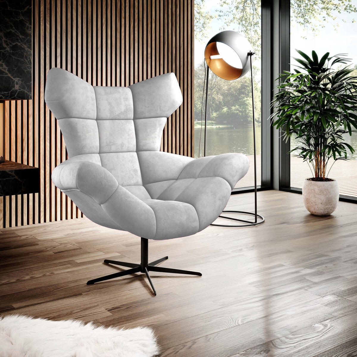 SESSEL SENSI Relaxstuhl mit 360° Drehung und Schwingfunktion – Lux-Schaumkissen, Esche, 104x46x119 cm - Silberfarben/Schwarz, Holz/Textil (104/119/84cm) - DomoHome