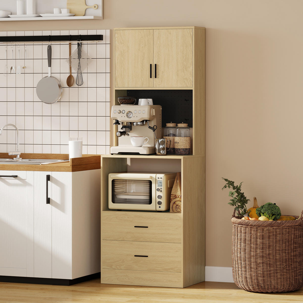MIKROWELLENUNTERSCHRANK DE-11319 2 Türen, 2 Schubladen Natur - Naturfarben, Holzwerkstoff (40/170/60cm) - ComfortXL