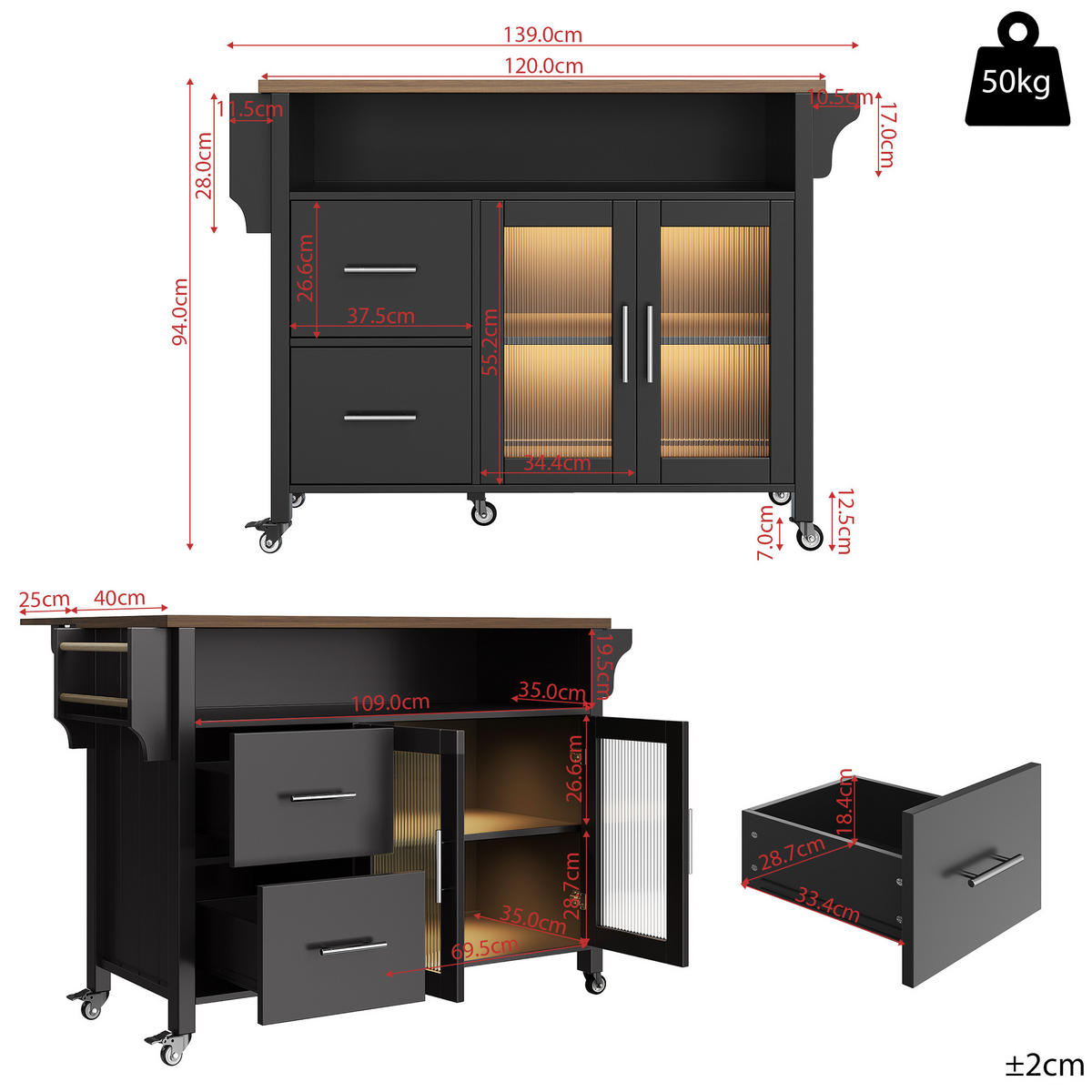 KÜCHENINSEL in Schwarz Küchentisch mit Holzmaserung, Glasvitrine, LED, Rollen,Handtuchhalter und Stauraum,B139/T65/H94cm - Schwarz, Glas/Holzwerkstoff (139/94.5/65cm) - STILVORA