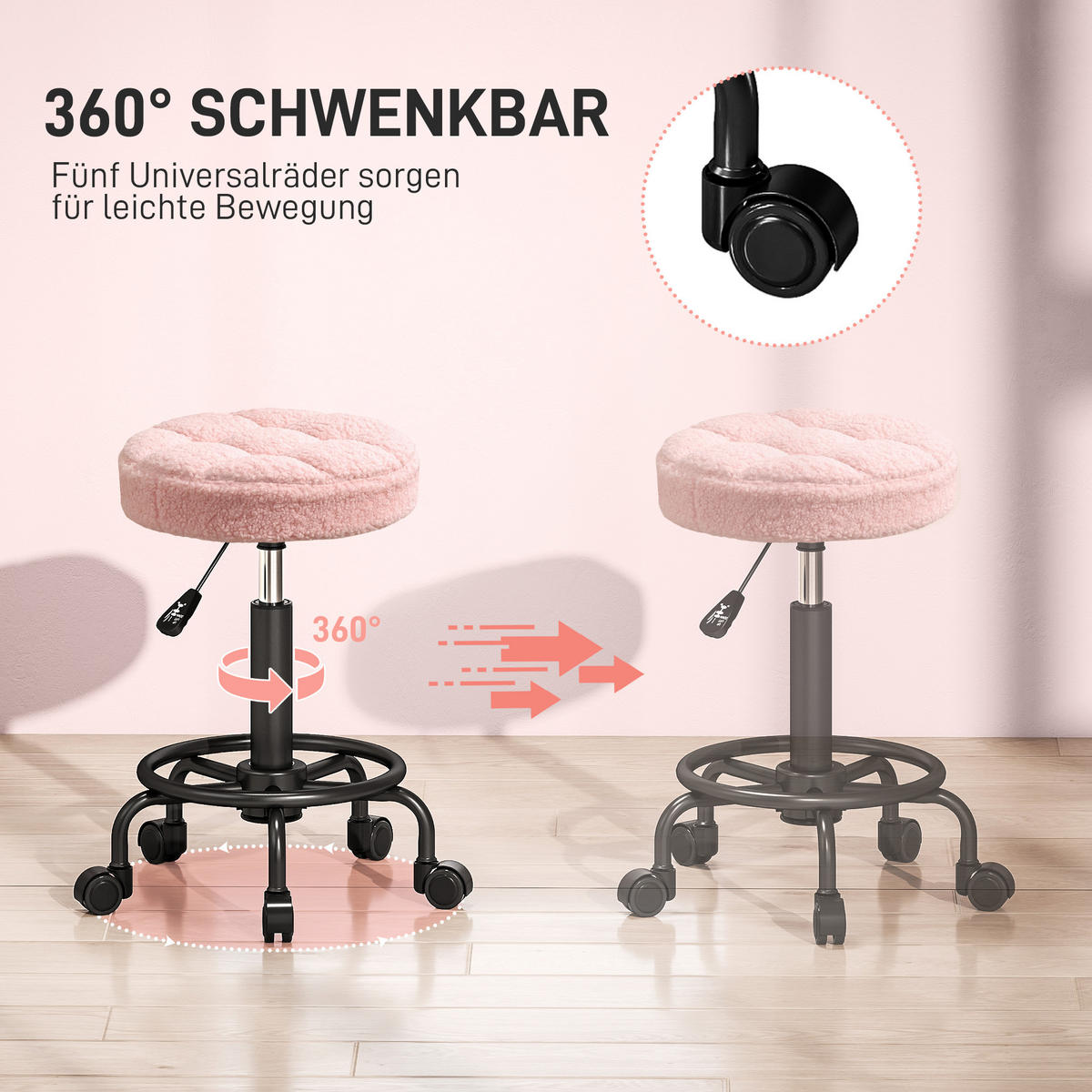 ROLLHOCKER höhenverstellbar Drehhocker 55-66 cm Arbeitshocker 360° drehbar - Rosa, Kunststoff (50/66/50cm) - HOMCOM