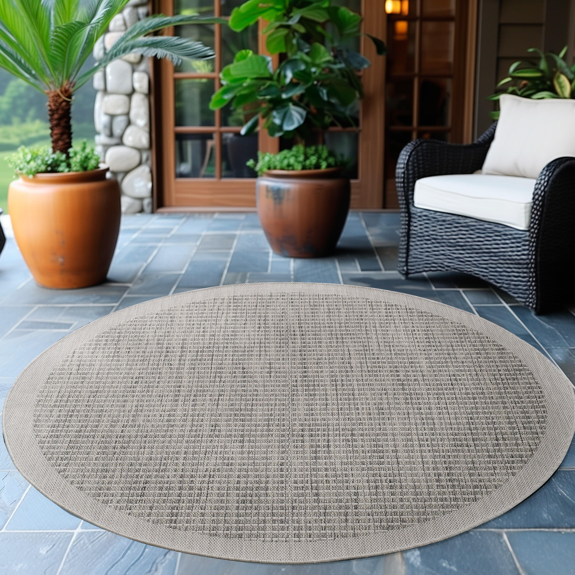 TEPPICH Outdoor Flachgewebe Uni-Farbe Polypropylen Balkon Grau Rund 200x200 - Grau, Textil (200/200cm) - KADIMA DESIGN