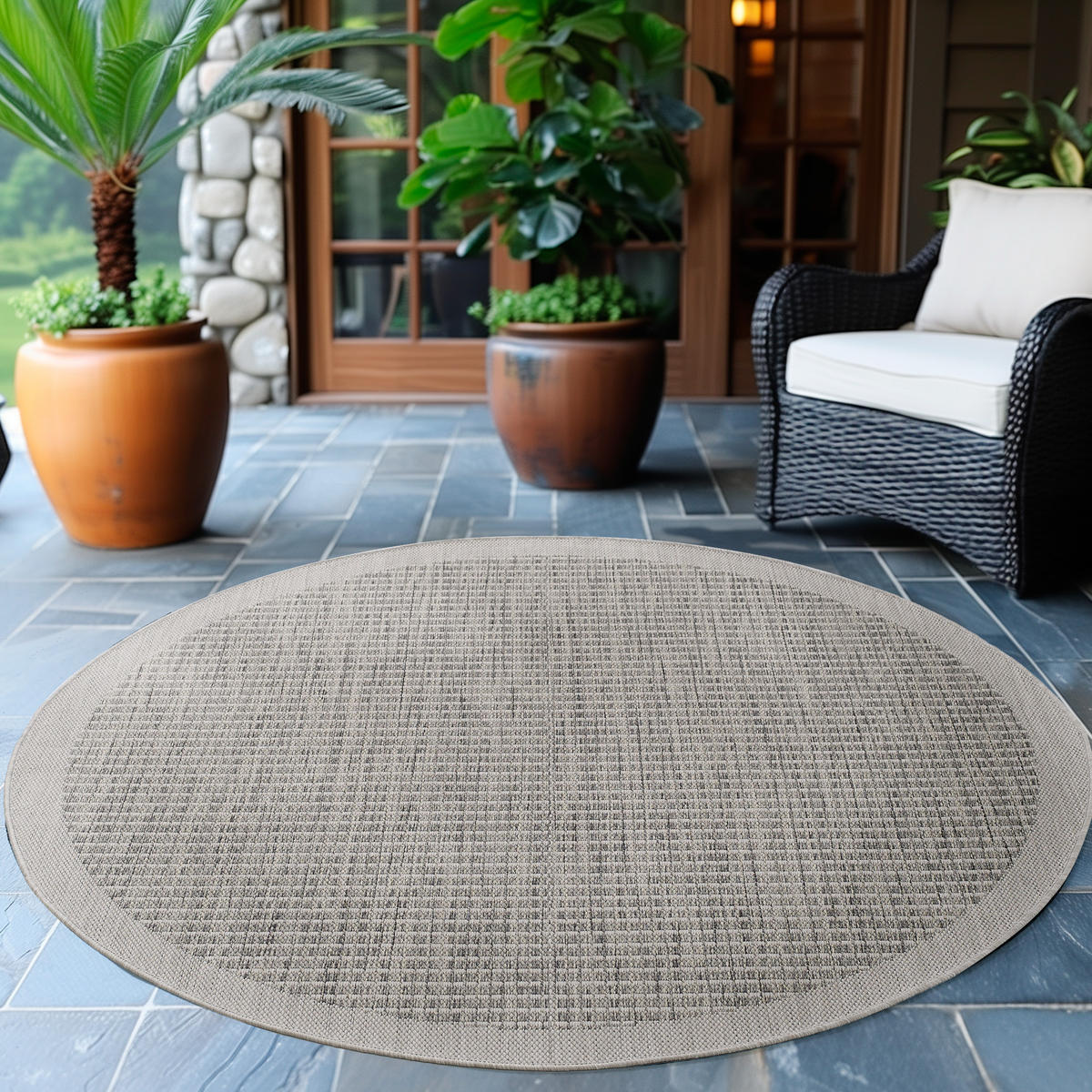 TEPPICH Outdoor Flachgewebe Uni-Farbe Polypropylen Balkon Grau Rund 160x160 - Grau, Textil (160/160cm) - KADIMA DESIGN