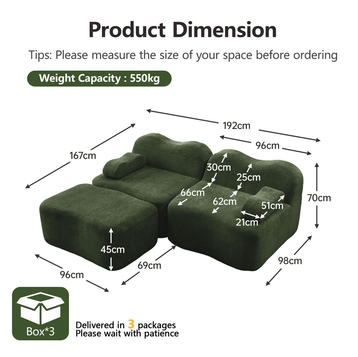 SOFA modular 2-Sitzer mit Ottomane Samt Green - Grün, Textil (167/192cm) - Meubliv